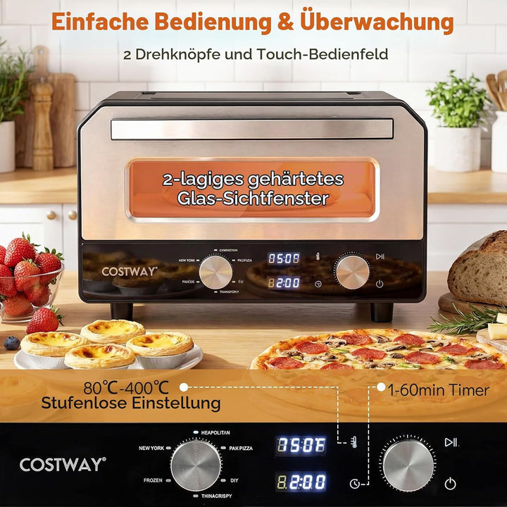 FANTASK Elektrischer Pizzaofen bis 400℃, 6 Programme, 2-Minuten Backfunktion, Pizzastein &amp; Schneider