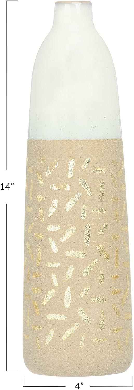 Main + Mesa Vase aus Steingut mit goldfarbenem Muster 4" diameter x 14" tall, 4" diameter x 14" tall