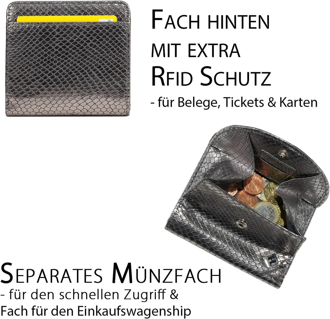 Portmonee Damen klein, Reise Geldbörse, viele Fächer, Schlangen-Look silber, RFID Blocker, Münzfach