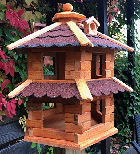 Vogelvilla wetterfest von L bis XL Futterhaus Vogelhaus mit oder ohne Ständer in Braun mit Rot, Grün