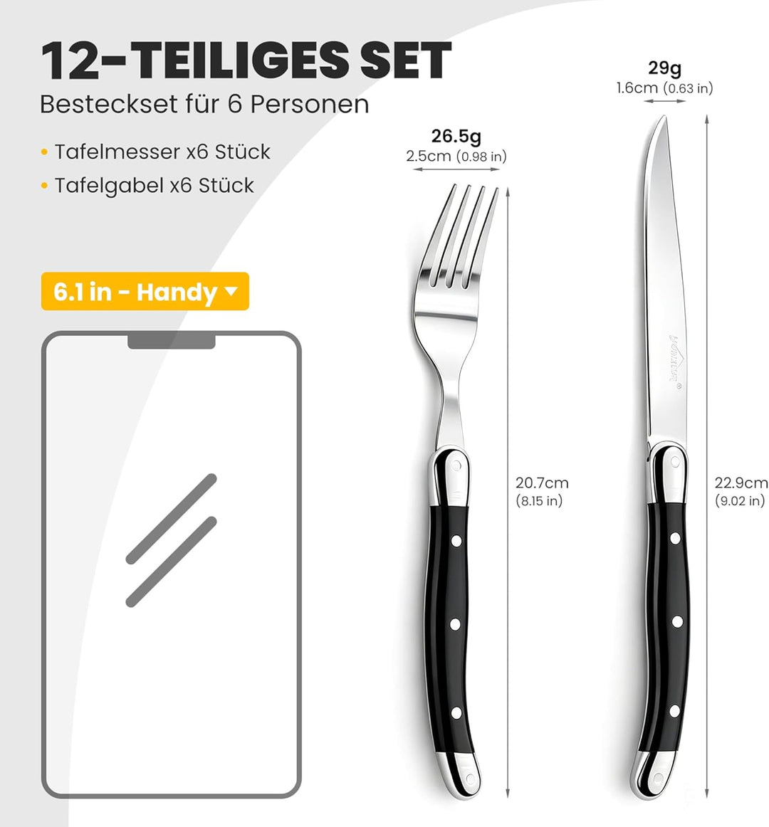 Besteck Set 6 Personen,12-tlg Steakbesteck,Edelstahl Besteckset,Cutlery Set mit 6 Steakmesser und 6