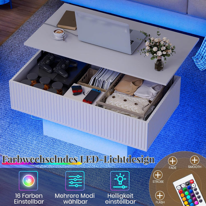 38,2" Lift-Top-Couchtisch mit Stauraum und LED-Beleuchtung, Moderner geriffelter Massivholz-Couchtis
