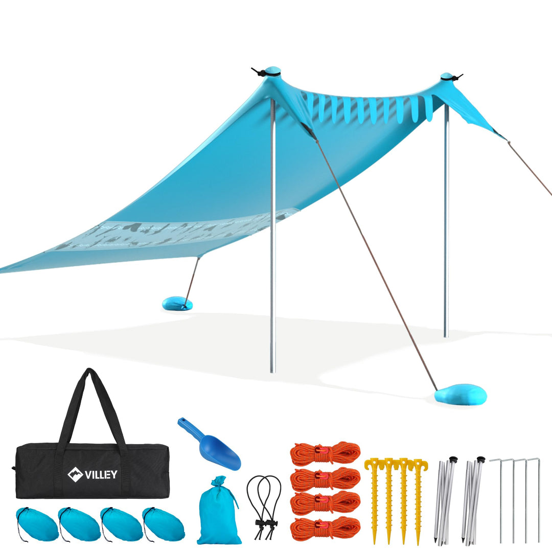 VILLEY Sonnenzelt 2m x 2,4m Blau, UPF50+ UV Schutz Lycra Strandzelt für 3 Personen, Sonnenschirm Str