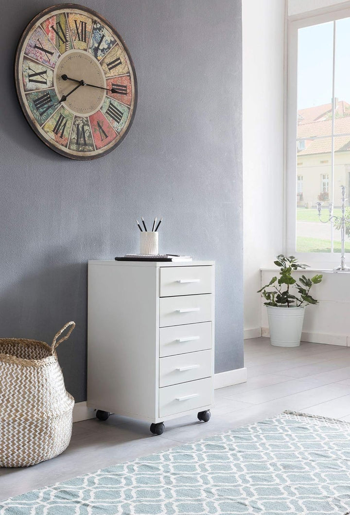 Schubladenschrank ITTER Holz: 5 Schubladen, Rollen, melaminharzbeschichtet - KADIMA DESIGN. Farbe: W