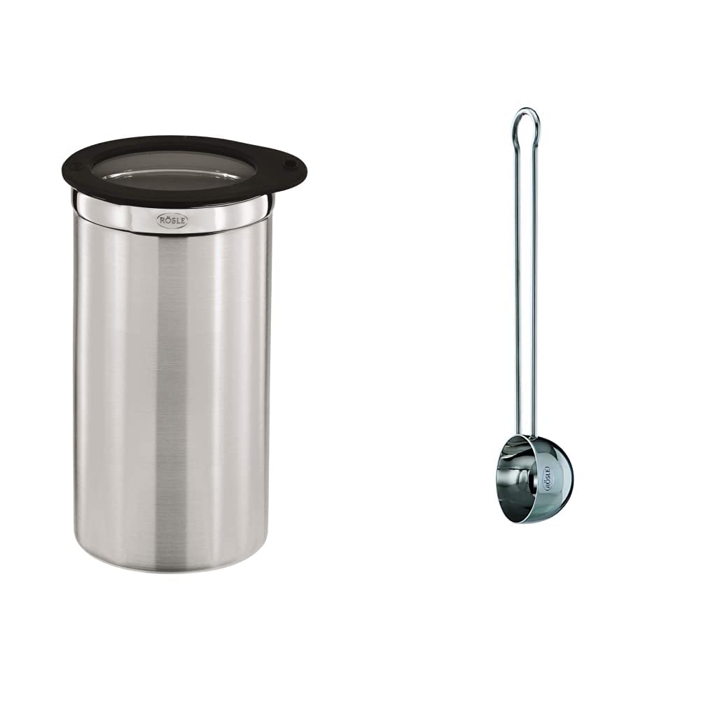 RÖSLE Kaffeedose mit Frischhaltedeckel, Edelstahl 18/10, 10 cm & Kaffeemass, Hochwertiger Kaffeelöff