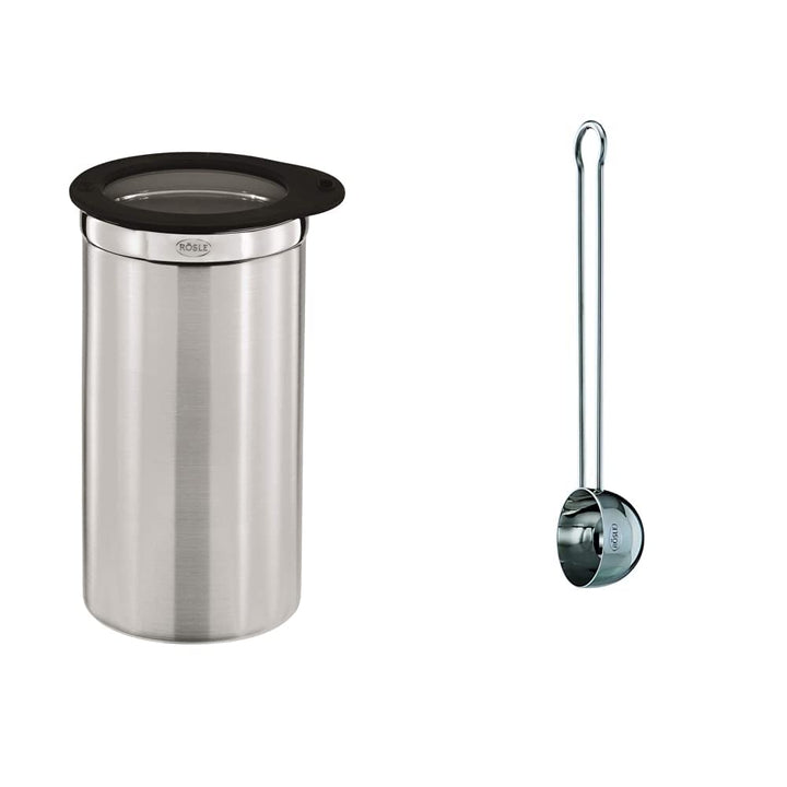 RÖSLE Kaffeedose mit Frischhaltedeckel, Edelstahl 18/10, 10 cm & Kaffeemass, Hochwertiger Kaffeelöff
