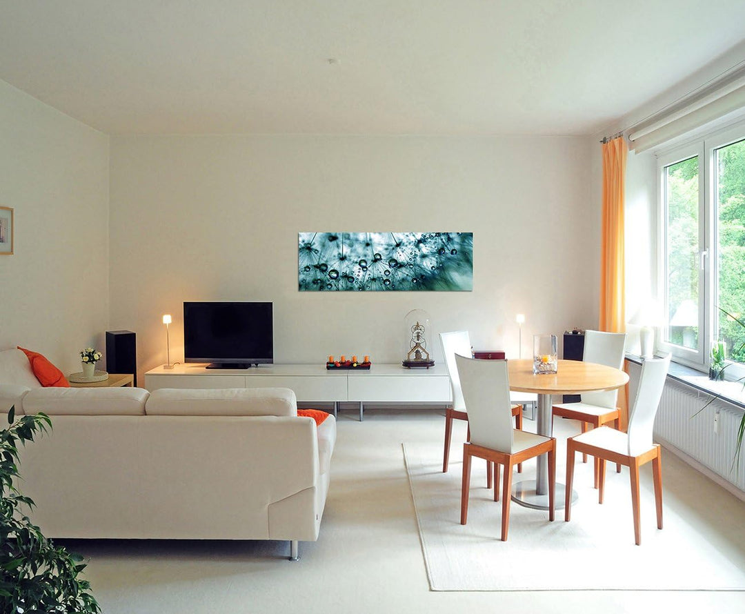 Paul Sinus Art Panoramabild auf Leinwand und Keilrahmen 150x50cm Pusteblume Löwenzahn Wassertropfen