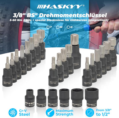 HASKYY Drehmomentschlüssel Set 3/8" 5-60Nm Motorrad Drehmoment - Zubehör: Verlängerungsstange, Bits,