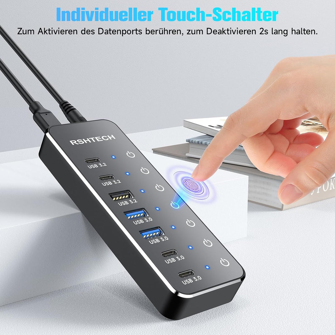 RSHTECH 7 Port USB C 3.2 Hub Aktiv mit Netzteil - USB 3.1 Gen2 Hub mit 3 * 10Gbps Ports (Type-A, 2*T