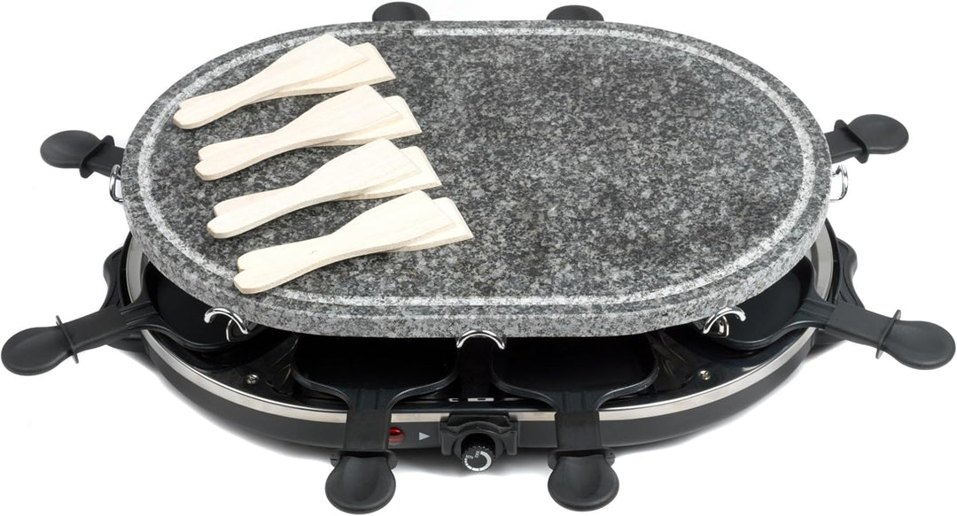 Giles & Posner 8-tlg. Tisch-Raclette-Grill – 1200W Steinplatte, 8 antihaftbeschichtete Pfännchen, 8
