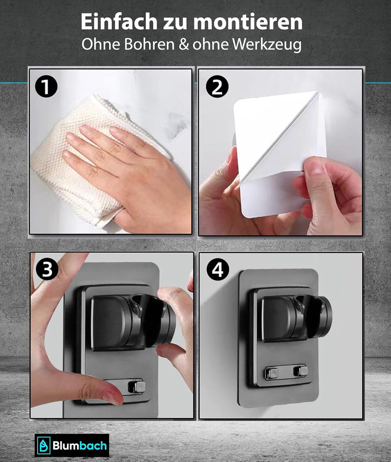 BLUMBACH® Duschkopfhalterung ohne Bohren - DAS ORIGINAL - Duschhalterung kleben statt Bohren - Neigu