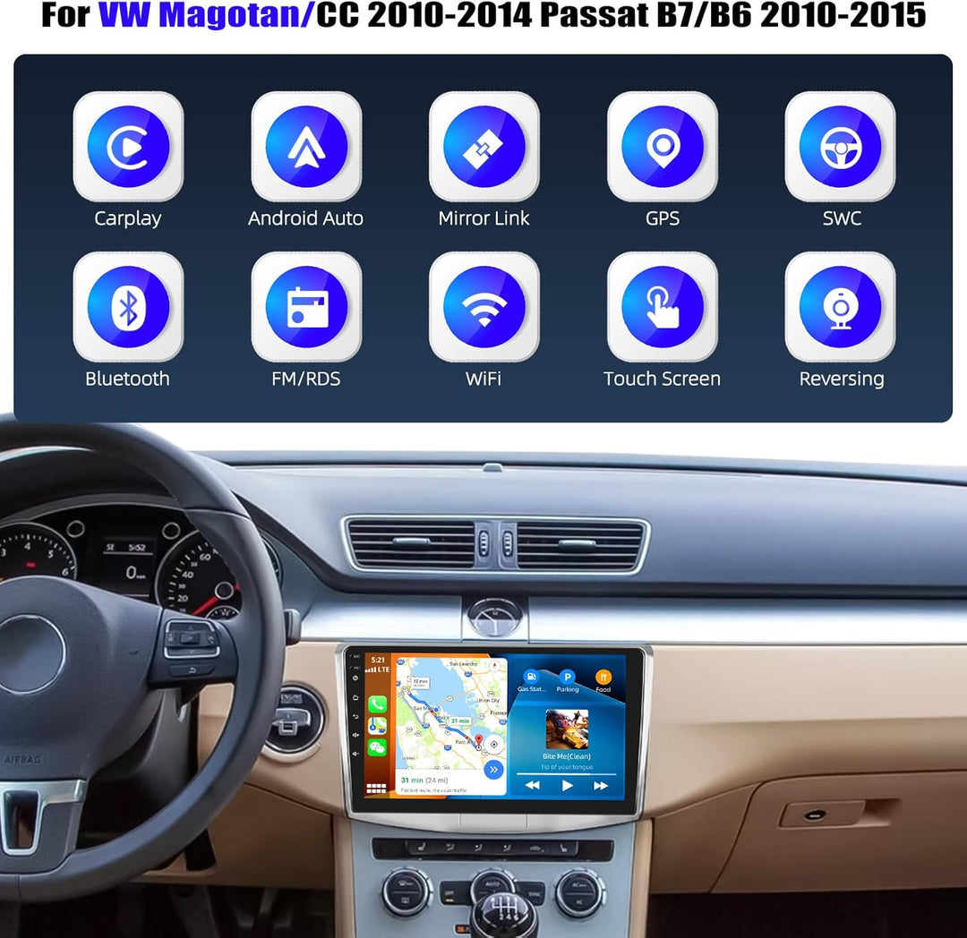 CAMECHO 4+64G Android 15 Navi Autoradio für VW Magotan/CC Passat B7 B6 2010-2014 mit Rückfahrkamera,