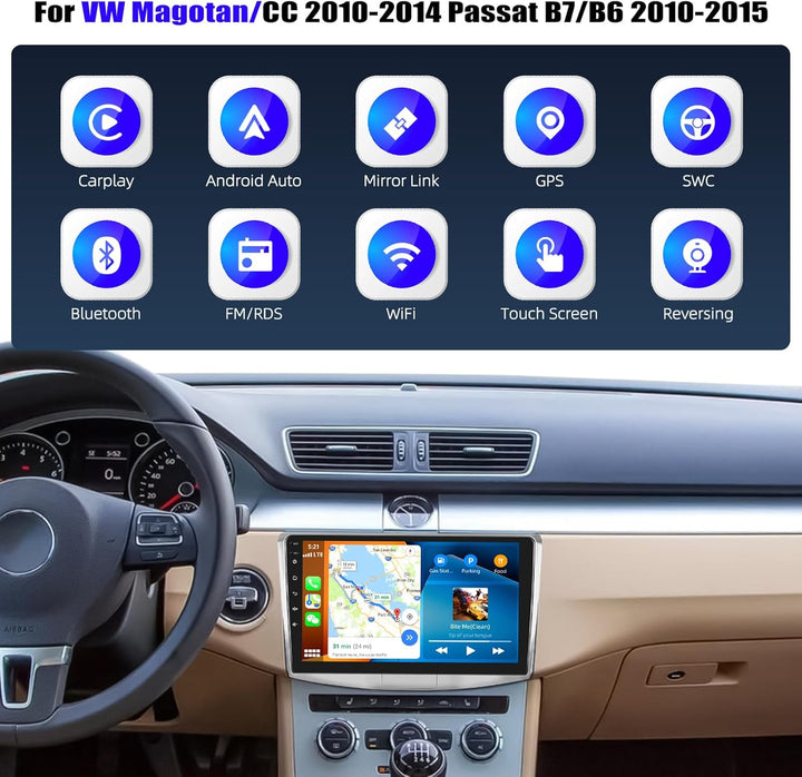 CAMECHO 4+64G Android 15 Navi Autoradio für VW Magotan/CC Passat B7 B6 2010-2014 mit Rückfahrkamera,