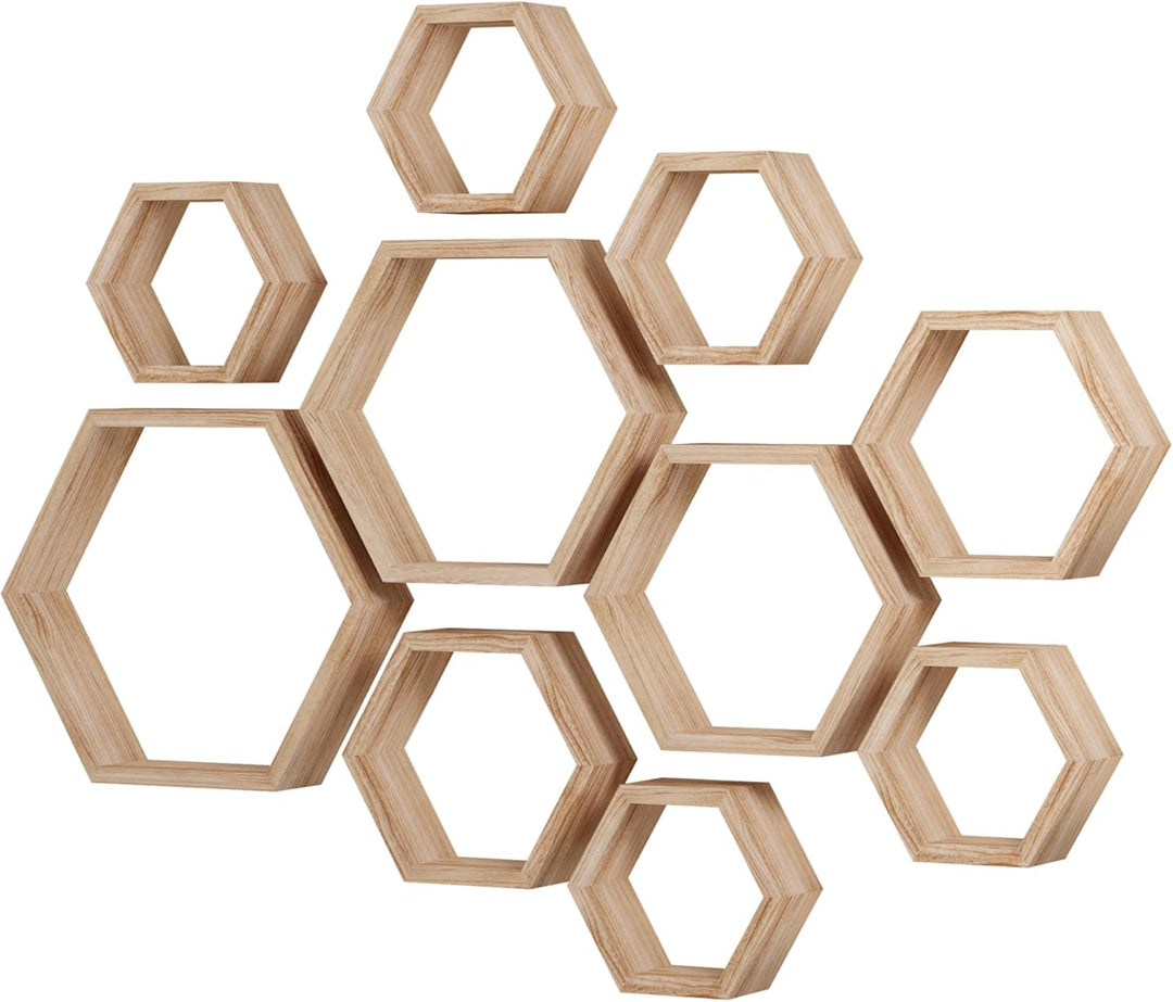 WONFUlity Sechseckige schwebende Regale, Wandmontage, Holz, Bauernhaus, Aufbewahrung, Wabenregal, Se
