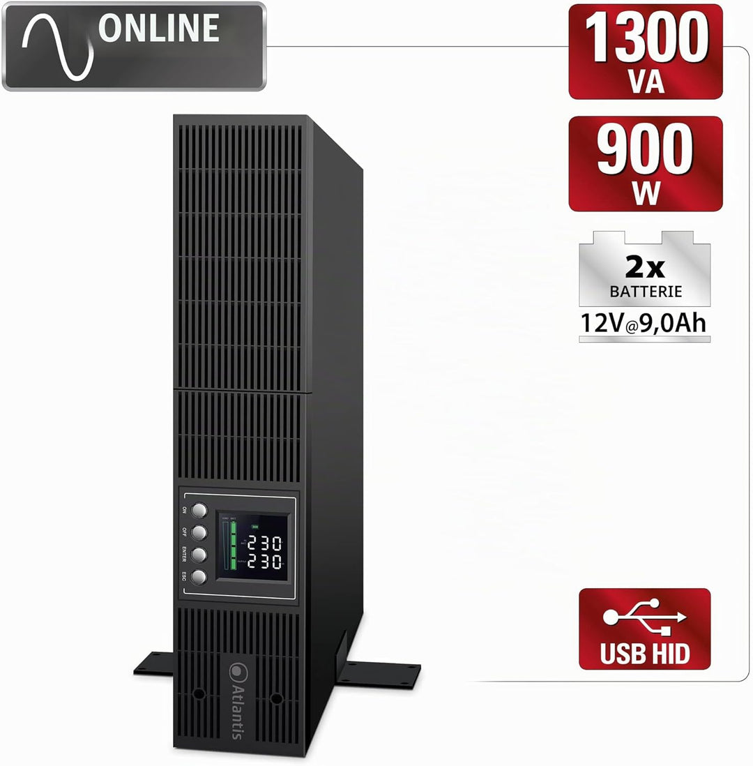 Atlantis A03-OP1302-RC USV OnLine USV Doppelwandlung Reine Sinuswelle 1300 VA 900 W, Server-Rack, LC