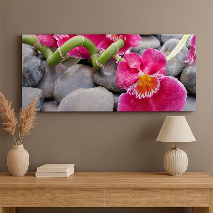 Wandbilder Dekoration Wohnzimmer Asiatisch bambus orchidee steine Panorama Bilder auf Leinwand 120x5