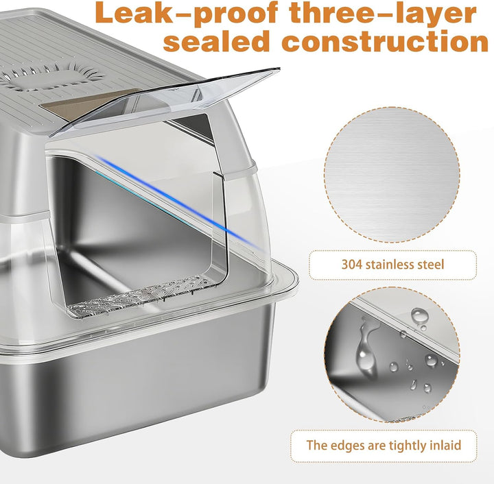 Edelstahl Katzenklo XXL 37L – Geschlossene Katzentoilette für grosse Katzen, mit 120° Klappdeckel, T