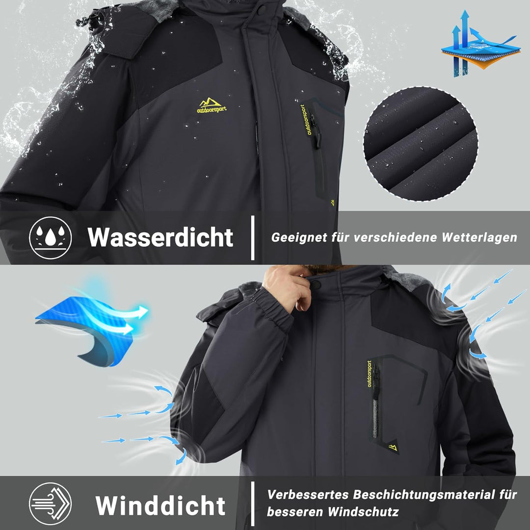 KEFITEVD Herren Skijacke Atmungsaktiv Warm Gefüttert Winterjacke mit Abnehmbarer Kapuze Snowboardjac