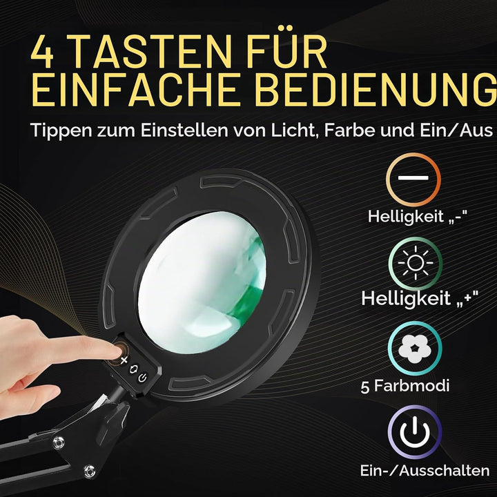 SAVSOO Lupe mit Touch Control Licht und Ständer - LED Lupenleuchte in Schwarz, Klemme, 5 Farbmodi, s