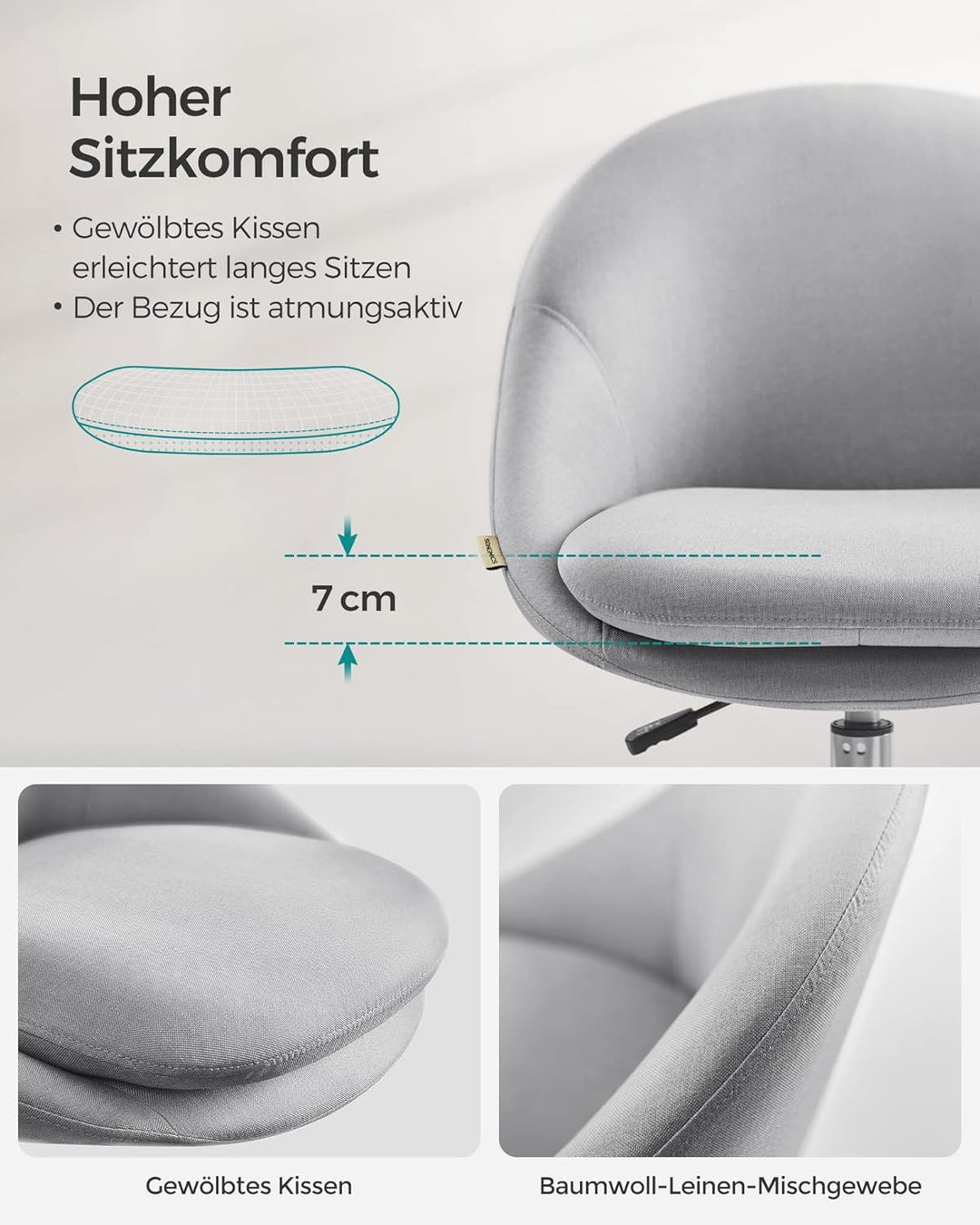 SONGMICS Homeoffice Stuhl, Drehstuhl, Schreibtischstuhl, Schaumstoffpolsterung, höhenverstellbar, fü