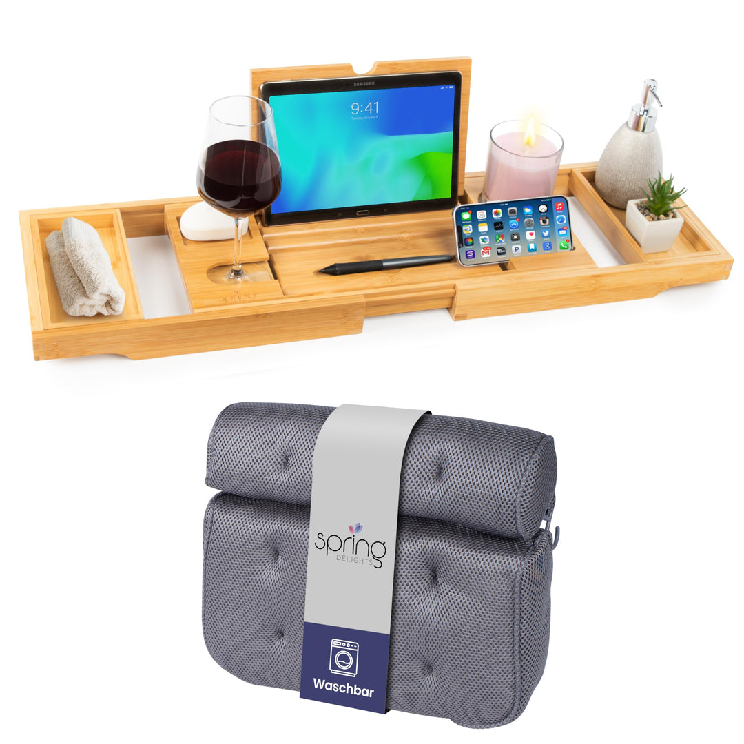 Badewannen-Set: Luxus Bambus Badewannenablage &amp; Ergonomisches Badewannenkissen - Weinglashalter, Tab