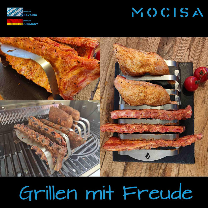 Rib-Rack Size S (4er)| Rippchenhalter mit Griffen |Das Profi-Tool zum Rippchen-Grillen |Edelstahl |