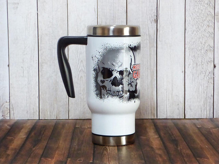 Totenkopf Edelstahl Thermobecher mit Spruch 'Meistens bin ich ganz nett' – 470ml Reisebecher, Handbe