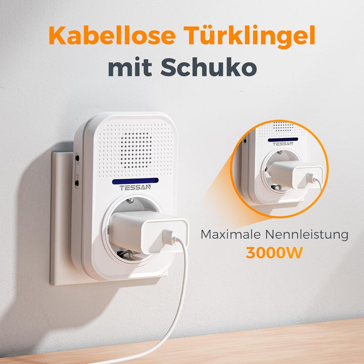 TESSAN Kabellose Türklingel Batterielose, Türklingel Funk mit EU Steckdose, Wasserdicht Klingel Funk