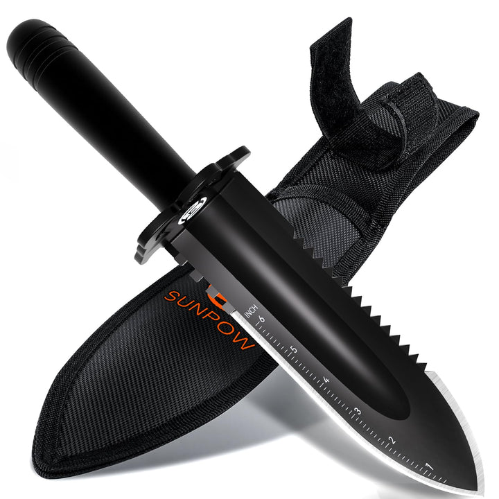 SUNPOW Robuste Gartenschaufel mit Tragescheide – Kleiner Spaten mit Doppelter Gezackter Kante, Grabu