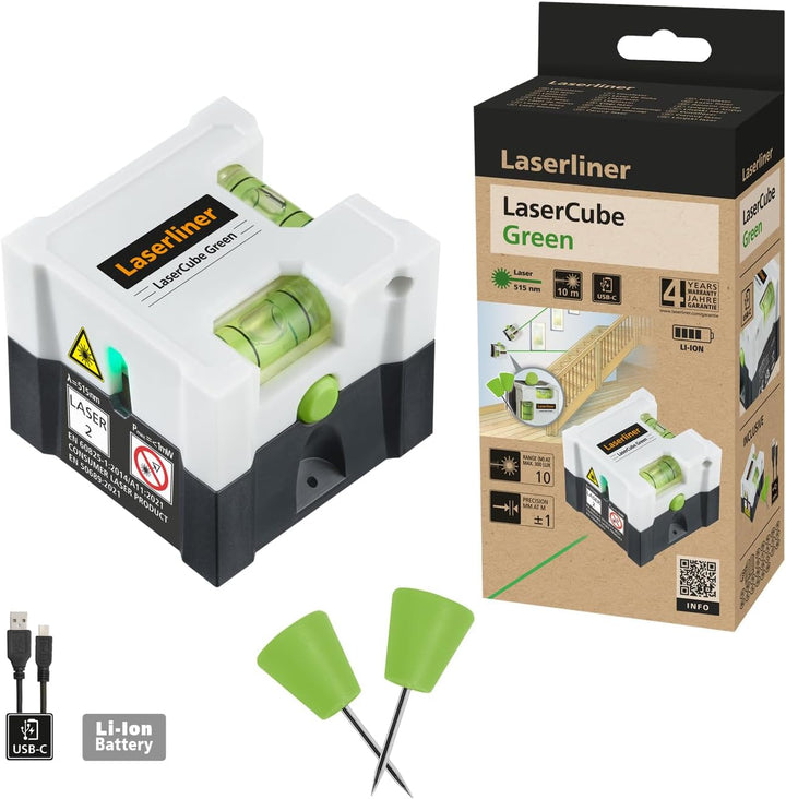 Laserliner Linienlaser, LaserCube Green, vertikal & horizontal | Laser-Wasserwaage, Kompakt, Gehäuse