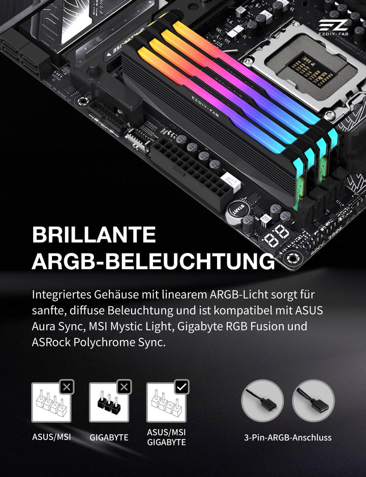 EZDIY-FAB RH01 ARGB RAM-Kühlkörper, RGB Memory Heat Spreader für DDR5 DDR4, Aluminium-RAM-Kühler mit