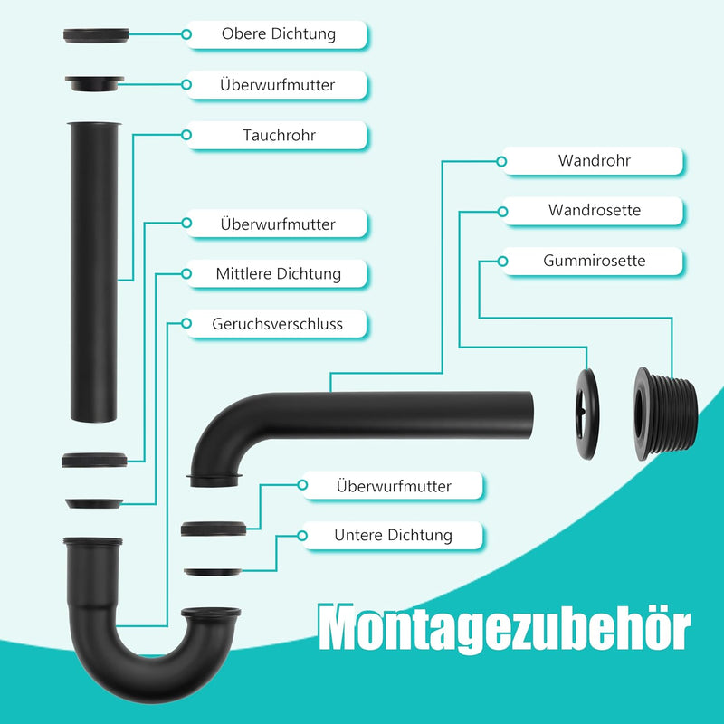 Siphon Waschbecken Schwarz【Extra Lang 200mm Tauchrohr】Universal Syphon Badezimmer Waschbecken 1 1/4"