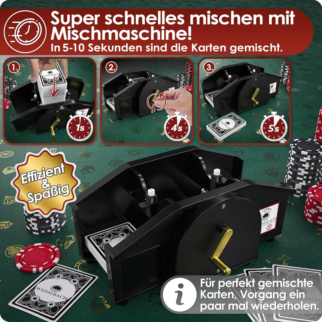 Schwarze Kartenmischmaschine mit Goldener Kurbel für alle Standard Kartenspiele, Kartenmischer mit 2