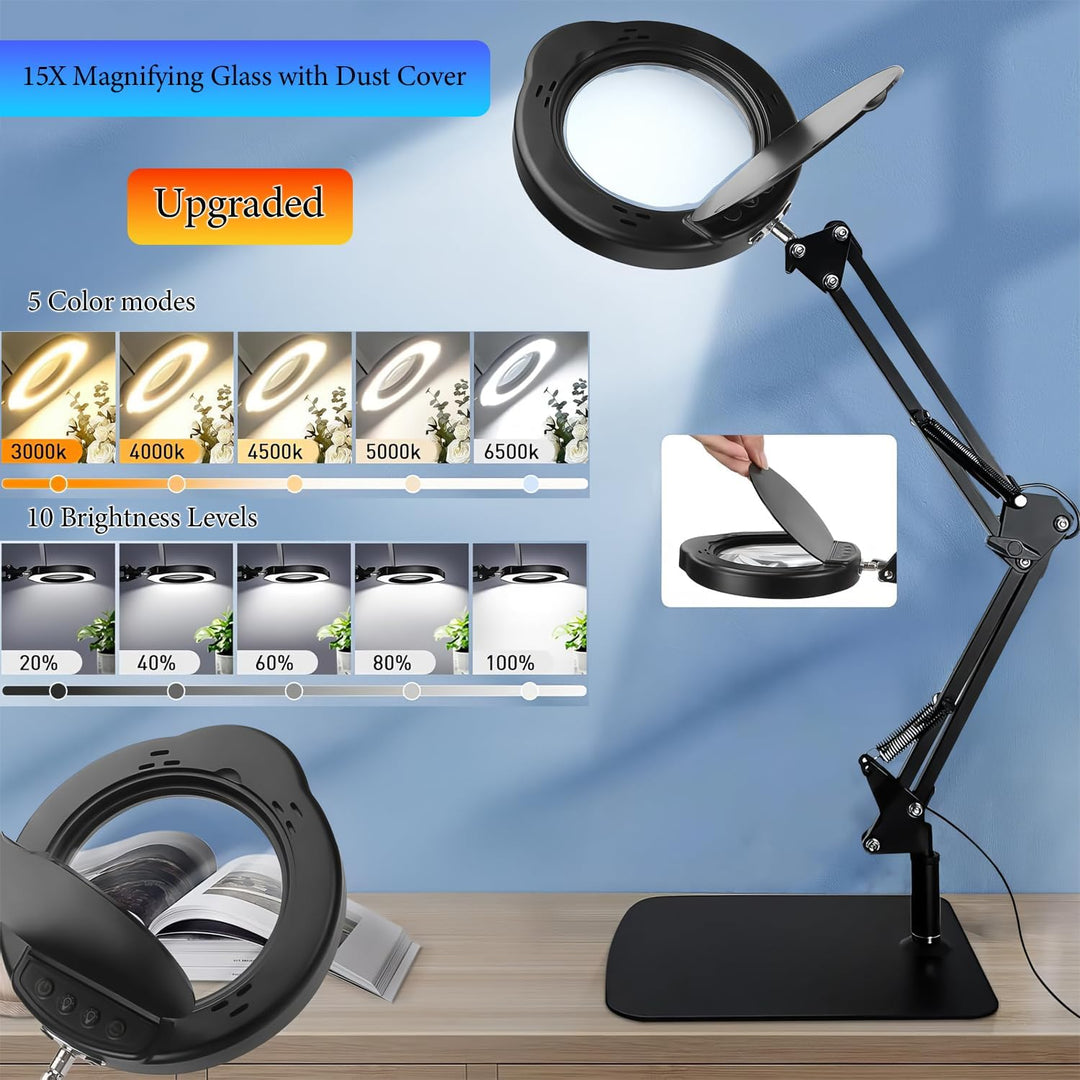 15X Magnifying Glass with Light and Clamp, LED Magnifying Lamp with Base, 5 Color Modes & 10 Brightn