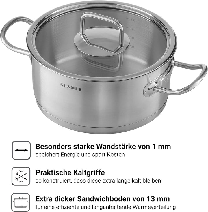 KLAMER Premium Topfset Edelstahl, Kochtopf-Set mit Glasdeckel, Töpfe Set unbeschichtet, Induktionstö