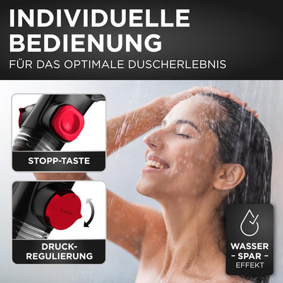 LOBENSWERK Duschkopf Schwarz Matt [3 Funktionen] mit natürlichen Mineralperlen für reines Wasser & H