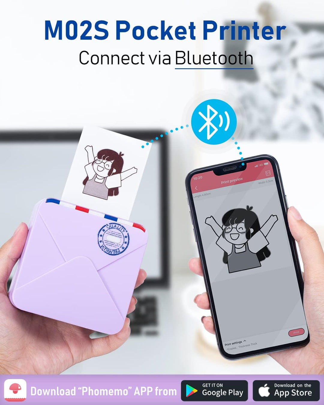 Phomemo M02S Mini Drucker für Smartphone, 300 DPI Taschendrucker Etikettendrucker mit 6 Papierrollen
