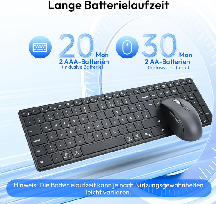 kabellose Bluetooth Tastatur- und Maus Kombination, Ultradünne und leise, mit 2,4-GHz-Funk und duale