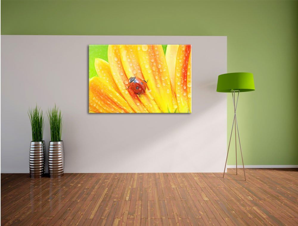 Pixxprint Marienkäfer auf gelber Blume Kunst Buntstift Effekt, Format: 100x70 auf Leinwand, XXL ries