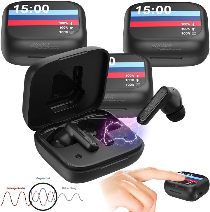 auvisio Wireless-Kopfhörer: 4er-Set Kabellose In-Ear-Kopfhörer mit Touchscreen-Ladecase &amp; ANC (Noise