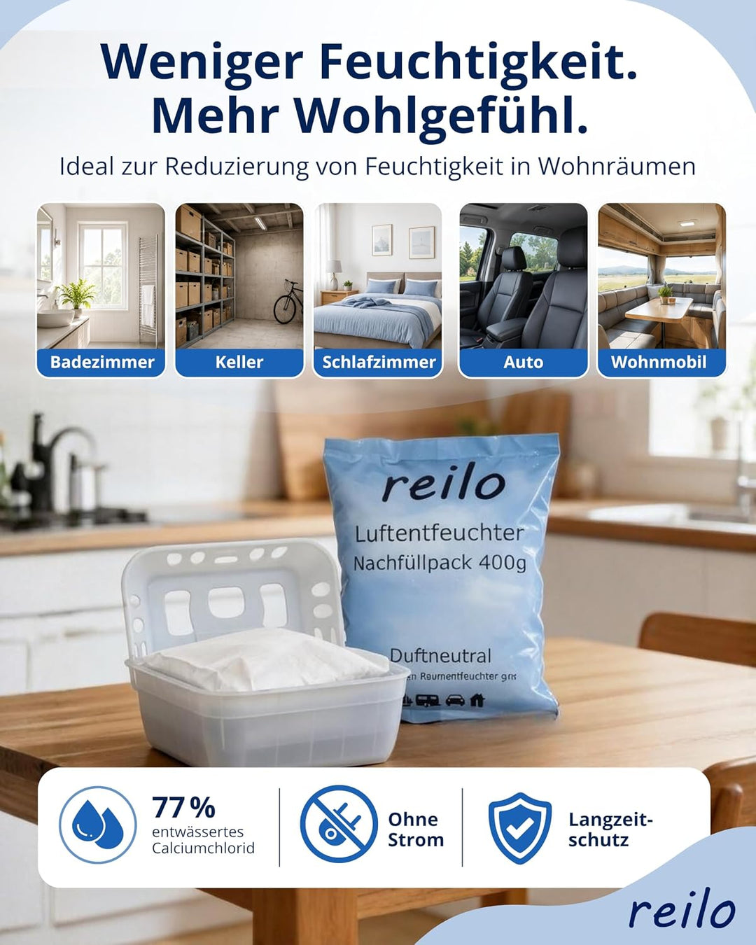 24x 400g reilo Raum- Luftentfeuchter Granulat im Vliesbeutel - Nachfüllpack, 24