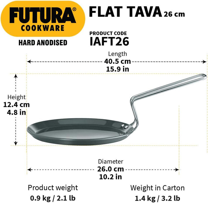 Hawkins Futura 26cm Flat Tava, harteloxiertes Tawa mit Edelstahlgriff, Induktion Tawa mit Rand, Pfan