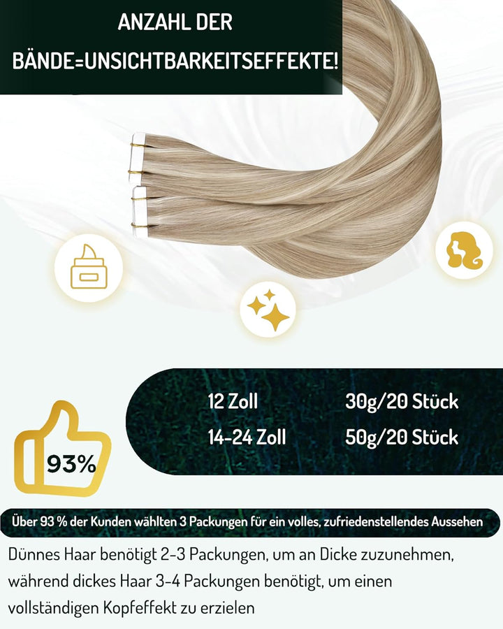 RUNATURE Tape in Extensions Echthaar Braun Blond 30cm Tape Extensions Echthaar 20 Stück Unsichtbare