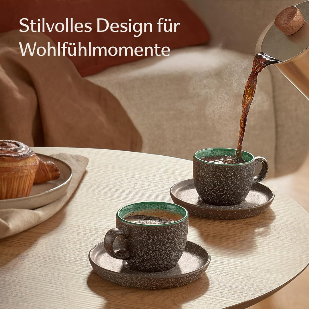 Cosumy Espressotassen mit Untertassen 4er Set - 90 ml Keramik, 𝗗𝗶𝗰𝗸𝘄𝗮𝗻𝗱𝗶𝗴𝗲𝘀 Steingut mit Handgeferti