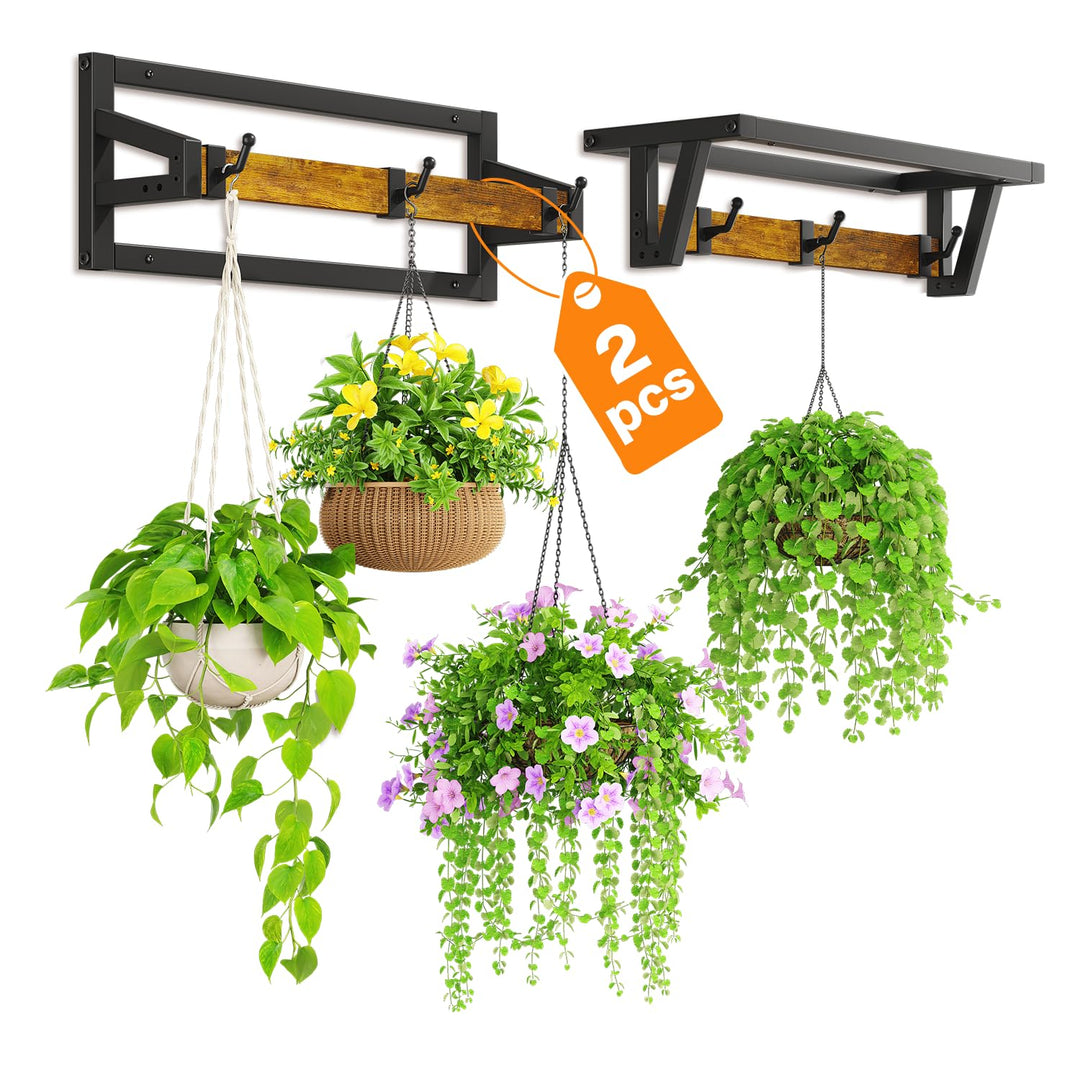 LASZOLA Pack of 2 Plant Stands, Plant Holder Wall with 6 Hanging Hooks, Plant Shelf, Plant Wall Moun