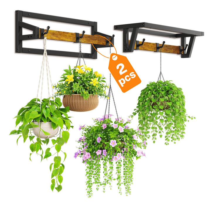LASZOLA Pack of 2 Plant Stands, Plant Holder Wall with 6 Hanging Hooks, Plant Shelf, Plant Wall Moun