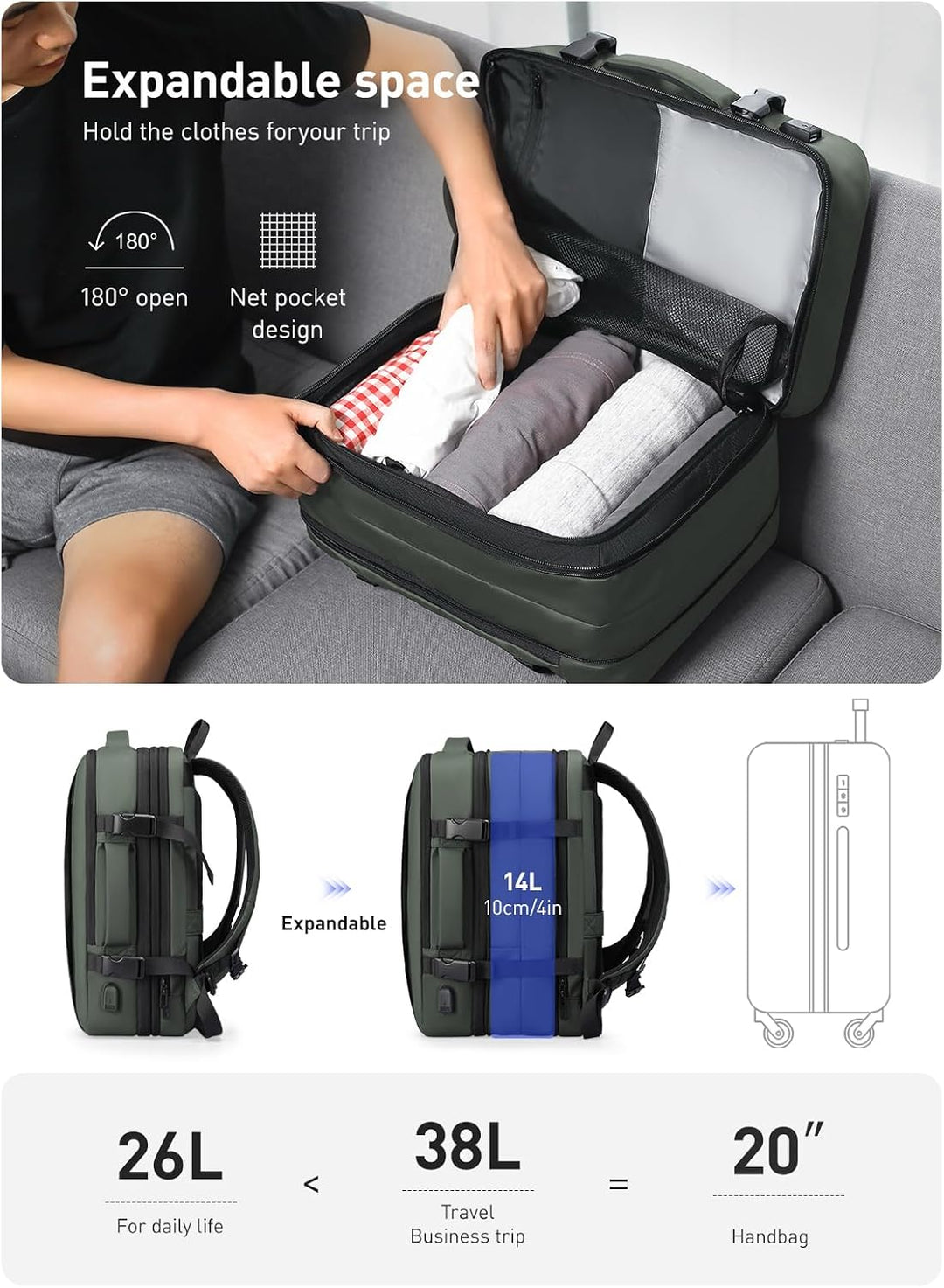 MARK RYDEN Business Rucksack Herren, Erweiterbarer 26L-38L Reiserucksack mit USB, Laptop Rucksack fü