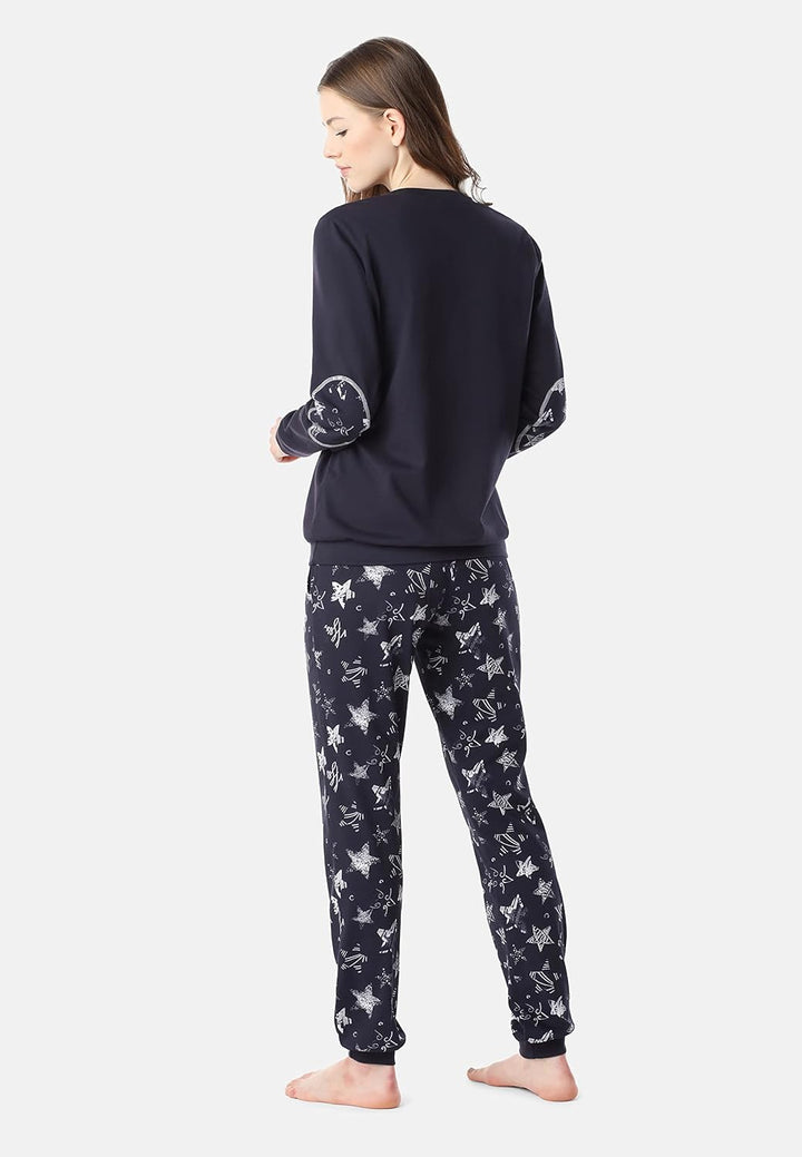 Merry Style Damen Schlafanzug aus Baumwolle Pyjama Nachtwäsche Set MS10-168 S Marineblau-silberne St
