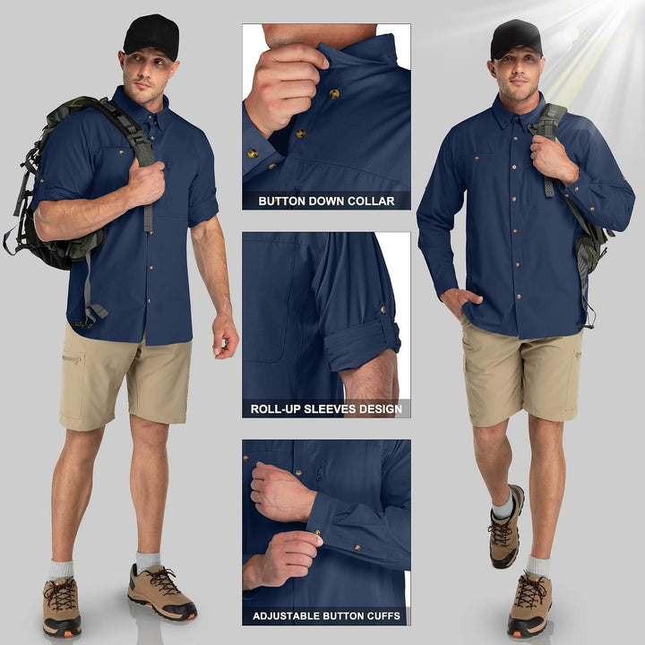 33,000ft Safari Hemd Herren Langarm Sportshemd UPF50+ UV Schutz Funktionshemd Atmungsaktiv Button-Do