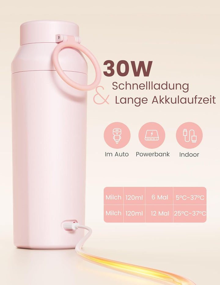 Paruu Tragbarer Flaschenwärmer Baby Unterwegs, Schnellaufheizen in 2 Min, 7-Stufige Temperaturregelu